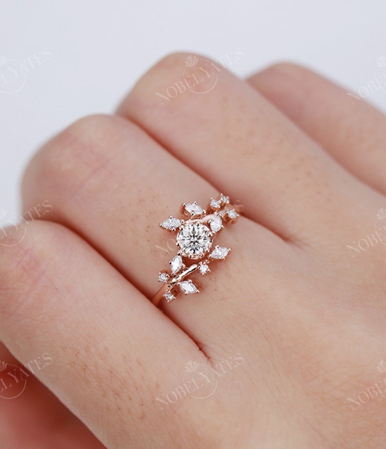 Rose gold moissanite engagement ring vintage Diamond Cluster ring prong unique leaf style wedding Bridal ring Promise Anniversary ring image 1