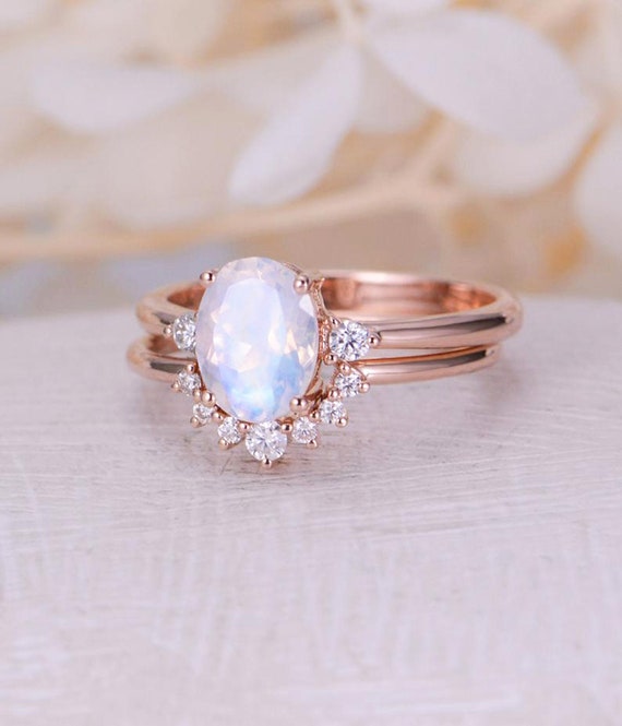 Moonstone Engagement Ring Set Rose Gold Diamond Cluster Ring Etsy Moonstone Engagement Ring Set Rose Gold Diamond Cluster Ring Etsy