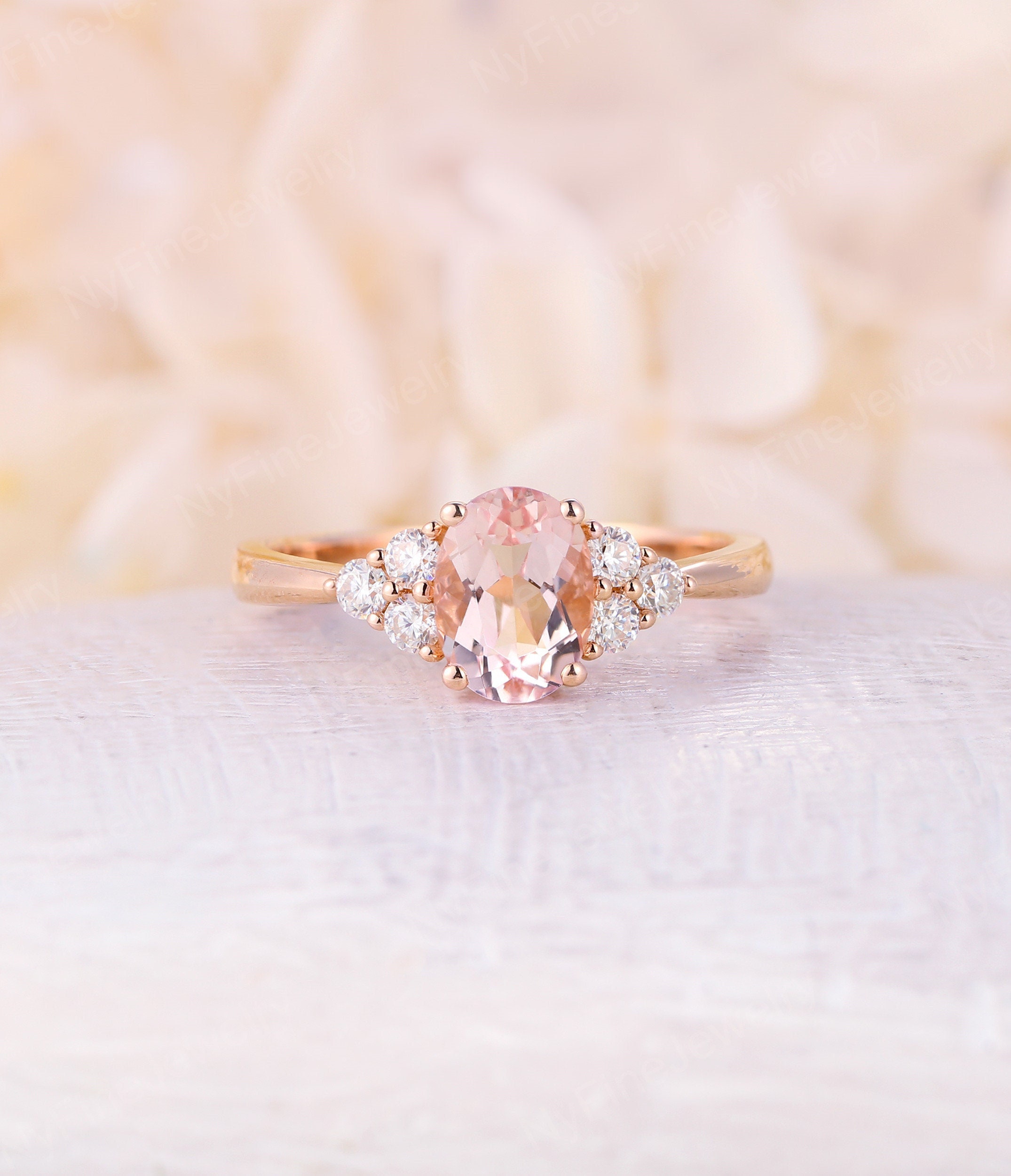 Pink Morganite Engagement Ring Vintage oval cut Ring 14k Rose Gold Cluster ring Unique Moissanite Bridal ring Anniversary ring art deco ring