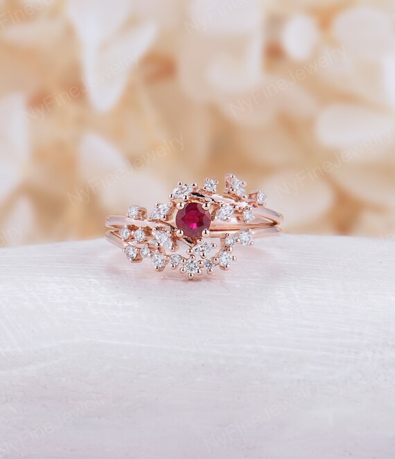 Ruby Engagement Ring Set Diamond Cluster Ring Unique Rose Gold Etsy Ruby Engagement Ring Set Diamond Cluster Ring Unique Rose Gold Etsy