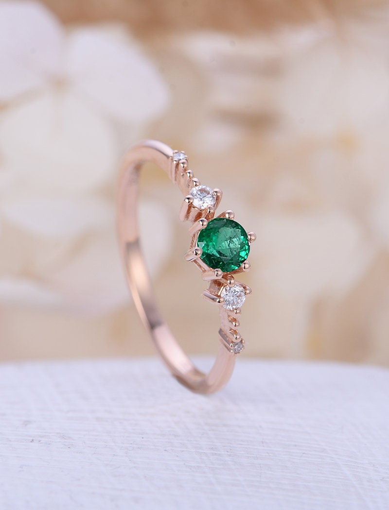 Emerald engagement ring rose gold Unique diamond Cluster ring | Etsy