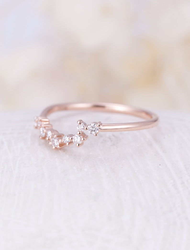 Rose gold wedding band Curved wedding band women Diamond Cluster ring Unique Promise Multi gift Bridal Anniversary custom