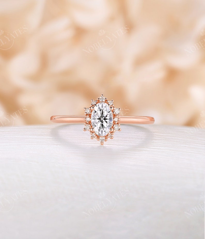 Vintage engagement ring forever One Moissanite ring rose gold oval diamond ring halo art deco ring wedding Anniversary ring bridal ring DEF moissnaite