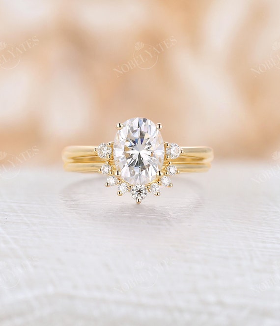 Oval Moissanite Engagement Ring Yellow Gold Engagement Ring Curved