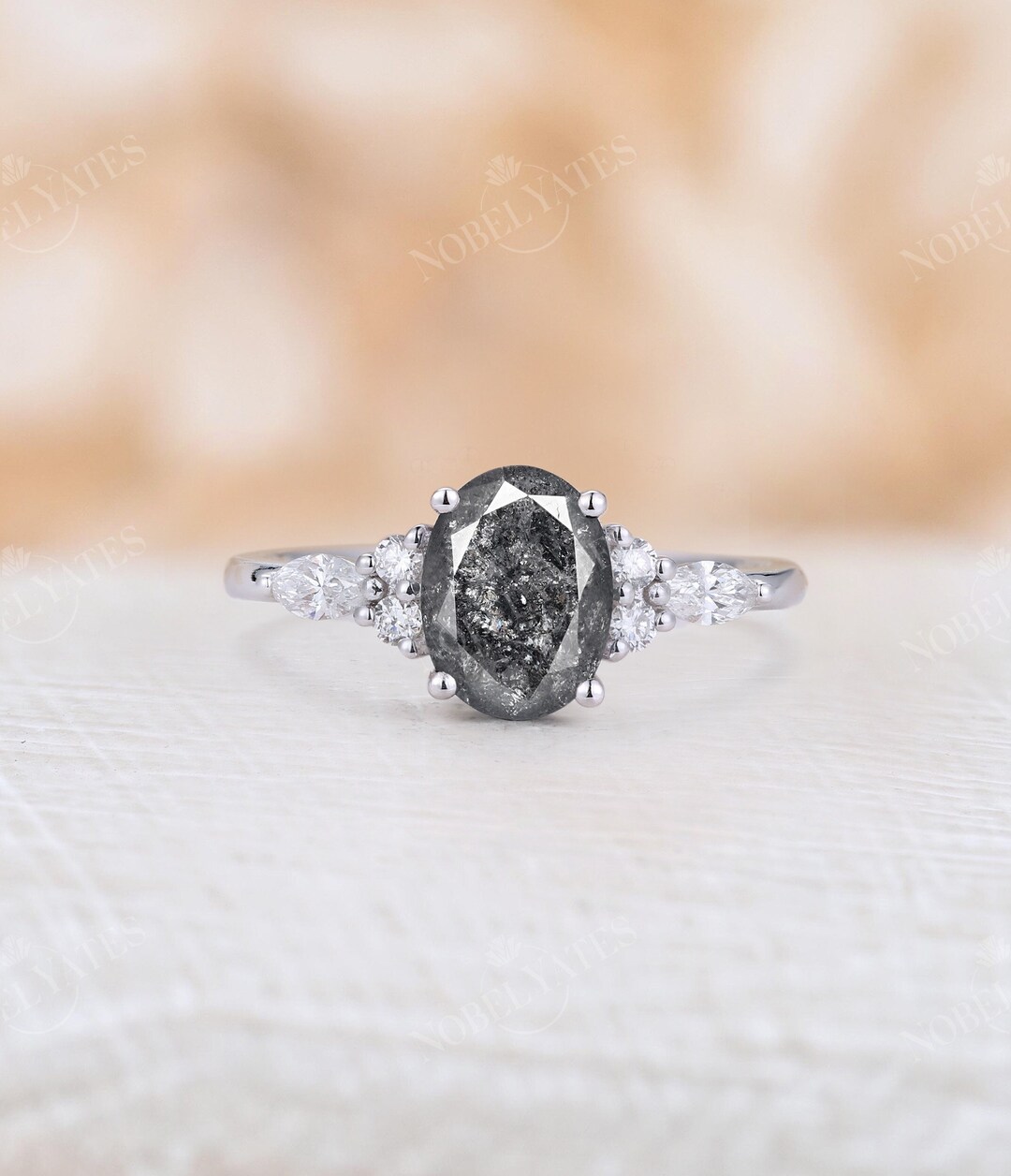 Salt and Pepper Diamond Engagement Ring White Gold Engagement Ring Oval