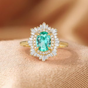 African Sunstone Engagement Ring, Double Halo CZ Ring, 18K Rose Gold Ring, Art Deco Tibetan Sunstone Ring, Custom Gemstone Rings for Women Lab Green Sapphire