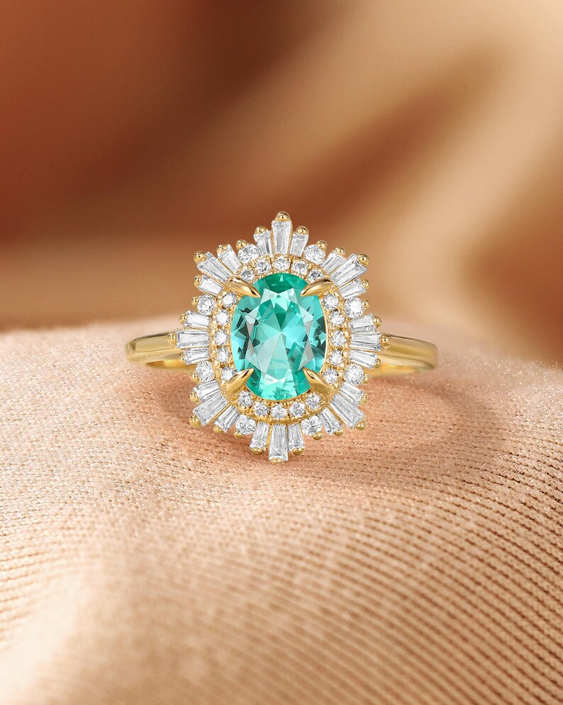 African Sunstone Engagement Ring, Double Halo CZ Ring, 18K Rose Gold Ring, Art Deco Tibetan Sunstone Ring, Custom Gemstone Rings for Women Lab Green Sapphire