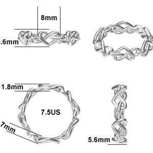 May include: Silver-colored ring with a heart-shaped design. The ring is shown from multiple angles, with measurements in millimeters and a US size 7.5. The ring's width is 5.6mm, and the band is 1.8mm thick.