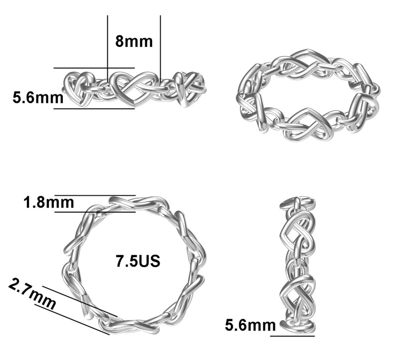May include: Silver-colored ring with a heart-shaped design. The ring is shown from multiple angles, with measurements in millimeters and a US size 7.5. The ring's width is 5.6mm, and the band is 1.8mm thick.