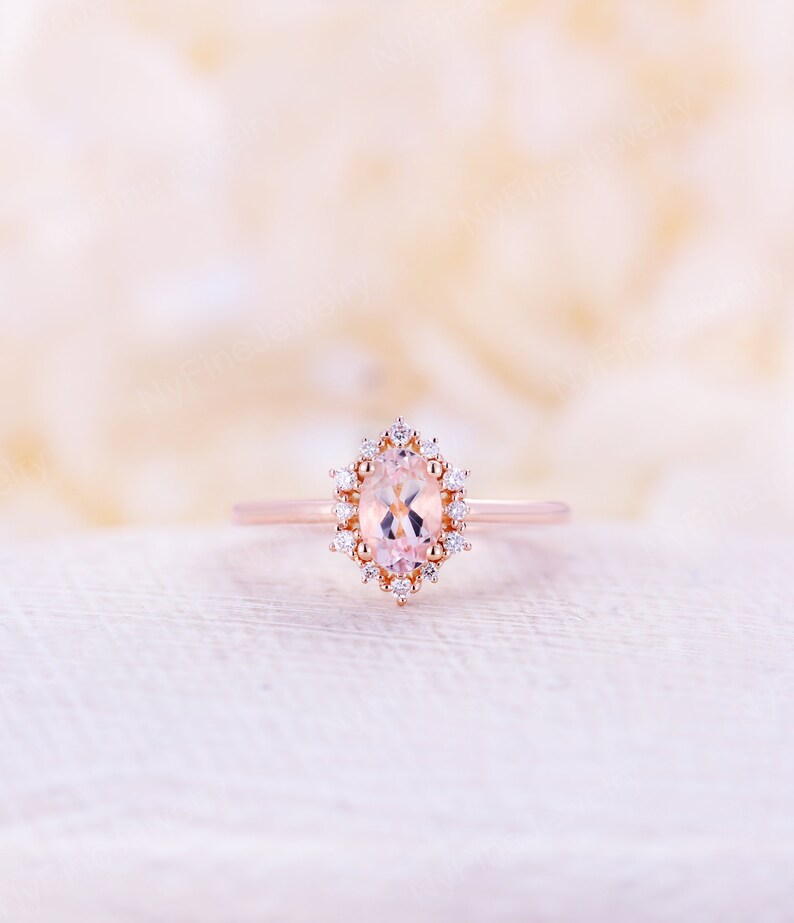 Vintage engagement ring forever One Moissanite ring rose gold oval diamond ring halo art deco ring wedding Anniversary ring bridal ring Morganite