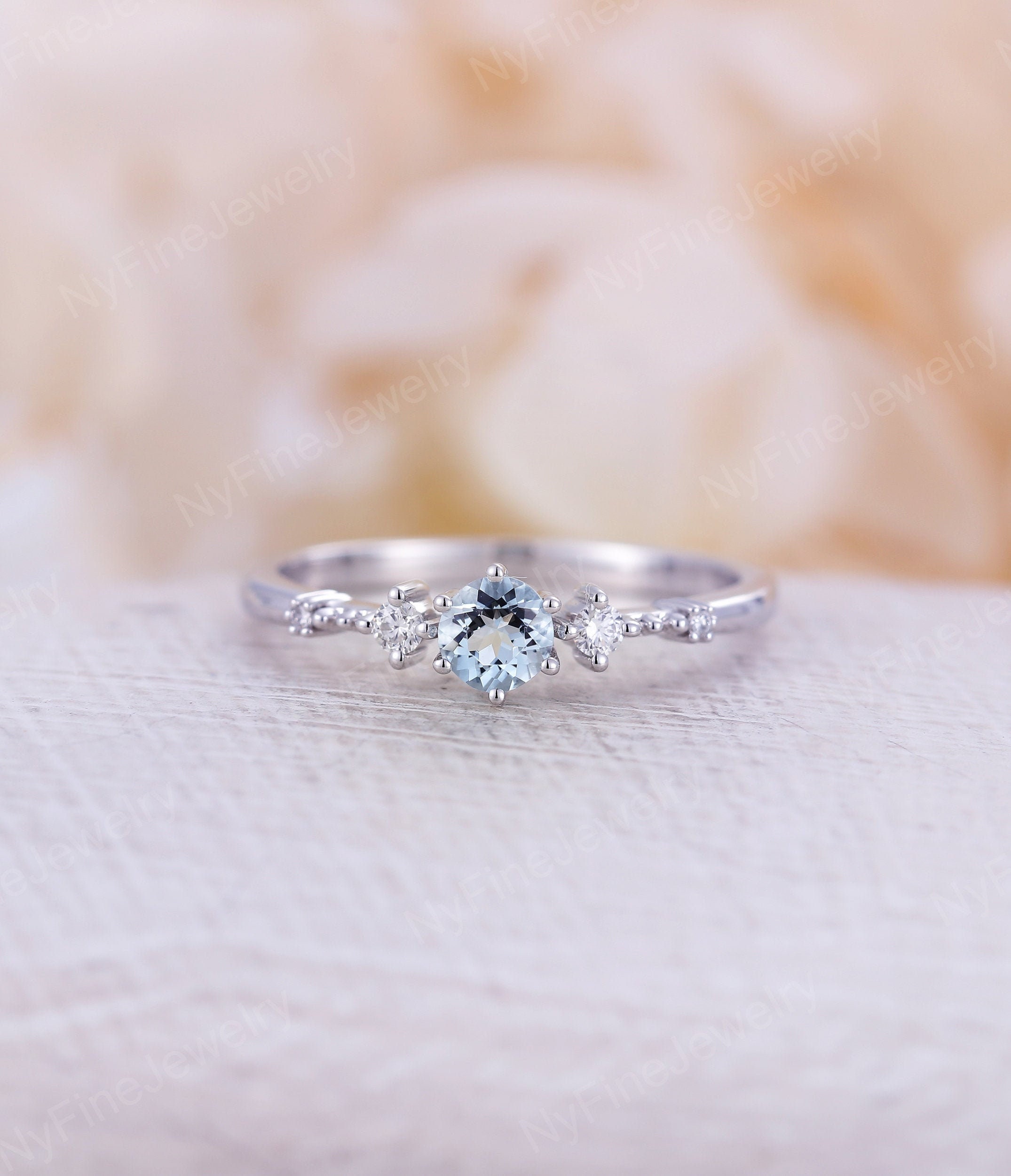 14K white gold aquamarine diamond ring .5 CT engagement wedding antique dainty 14K white gold aquamarine diamond ring .5 CT engagement wedding antique dainty