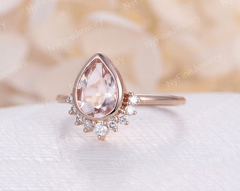 Morganite engagement ring Vintage Rose Gold Unique pear cut Ring Diamond half halo Wedding Bridal ring bezel set Promise anniversary ring