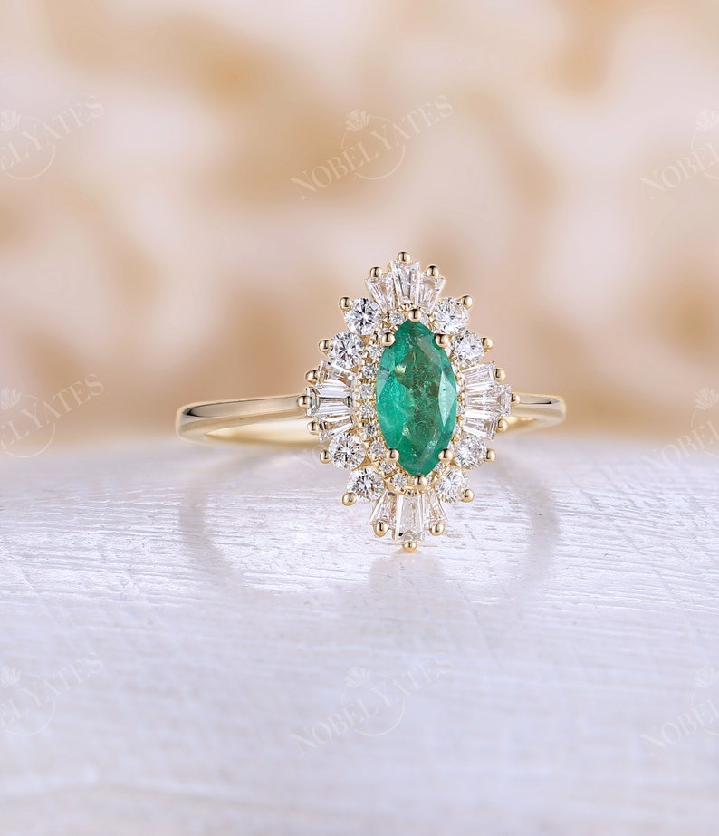 Art Deco Marquise Cut Natural Emerald Engagement Ring Vintage - Etsy