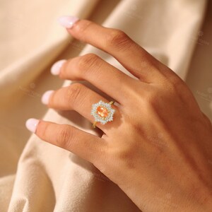 African Sunstone Engagement Ring, Double Halo CZ Ring, 18K Rose Gold Ring, Art Deco Tibetan Sunstone Ring, Custom Gemstone Rings for Women image 6