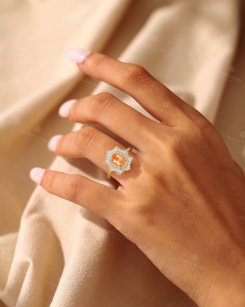 African Sunstone Engagement Ring, Double Halo CZ Ring, 18K Rose Gold Ring, Art Deco Tibetan Sunstone Ring, Custom Gemstone Rings for Women image 6