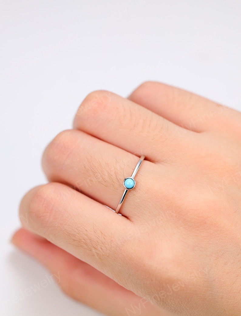 Turquoise engagement ring women white gold simple Solitaire Diamond ring Thin gold Band Ring Anniversary Birthstone Promise gift for her