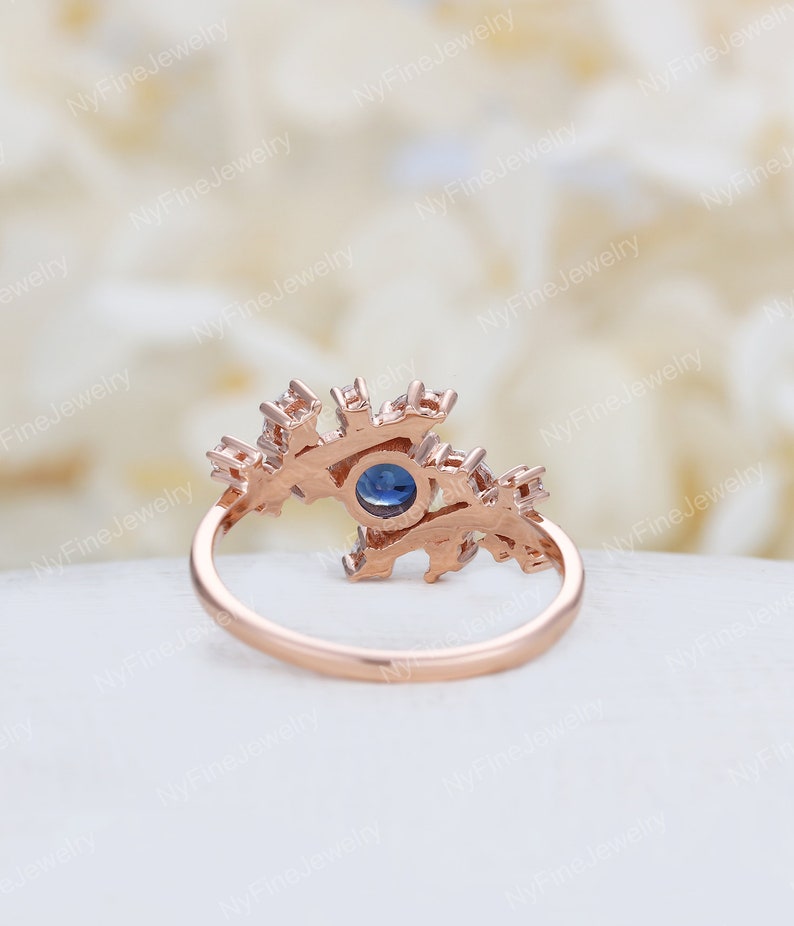 Rose gold natural sapphire engagement ring Diamond Cluster ring Unique Delicate leaf design wedding Bridal ring Promise Anniversary ring image 3