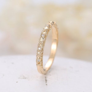 Vintage Diamond moissanite wedding band art deco half eternity bridal straight band yellow gold stacking matching ring bridal Milgrain band image 4