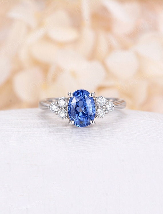 Unique Halo Moissanite Ring Bridal Blue Stone Ring For Her Vintage Ring For Love Vintage Art deco Blue Sapphire Gemstone Engagement Ring