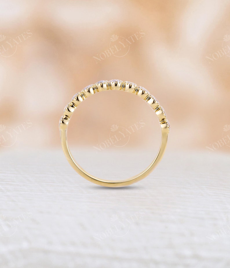 Vintage yellow gold wedding band half eternity band Moissanite ring Delicate stacking Bridal matching milgrain band promise anniversary image 6