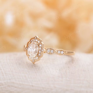 Antique Moissanite engagement ring oval cut vintage diamond halo wedding ring yellow gold half eternity bridal set unique Topaz Anniversary image 5