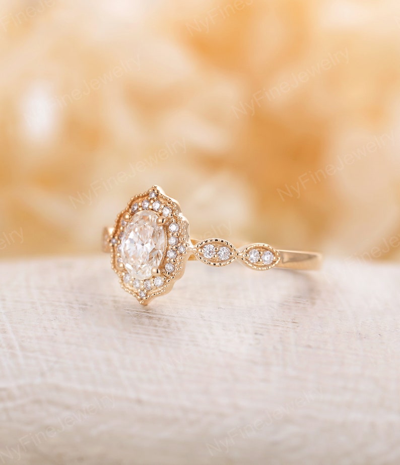 Antique Moissanite engagement ring oval cut vintage diamond halo wedding ring yellow gold half eternity bridal set unique Topaz Anniversary image 5