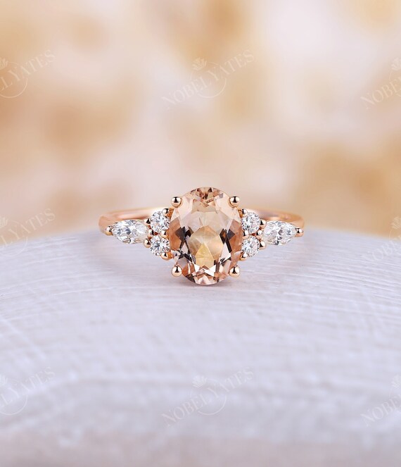 Pink morganite engagement ring oval cut ring cluster ring prong ring rose gold ring vintage ring art deco ring anniversary ring bridal ring
