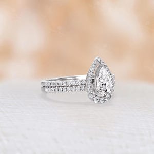 Classic Pear Cut Moissanite Engagement Ring Set, 14K White Gold Ring, Matching Open Wedding Band Set, Women's Bridal Ring Set -NyFineJewelry