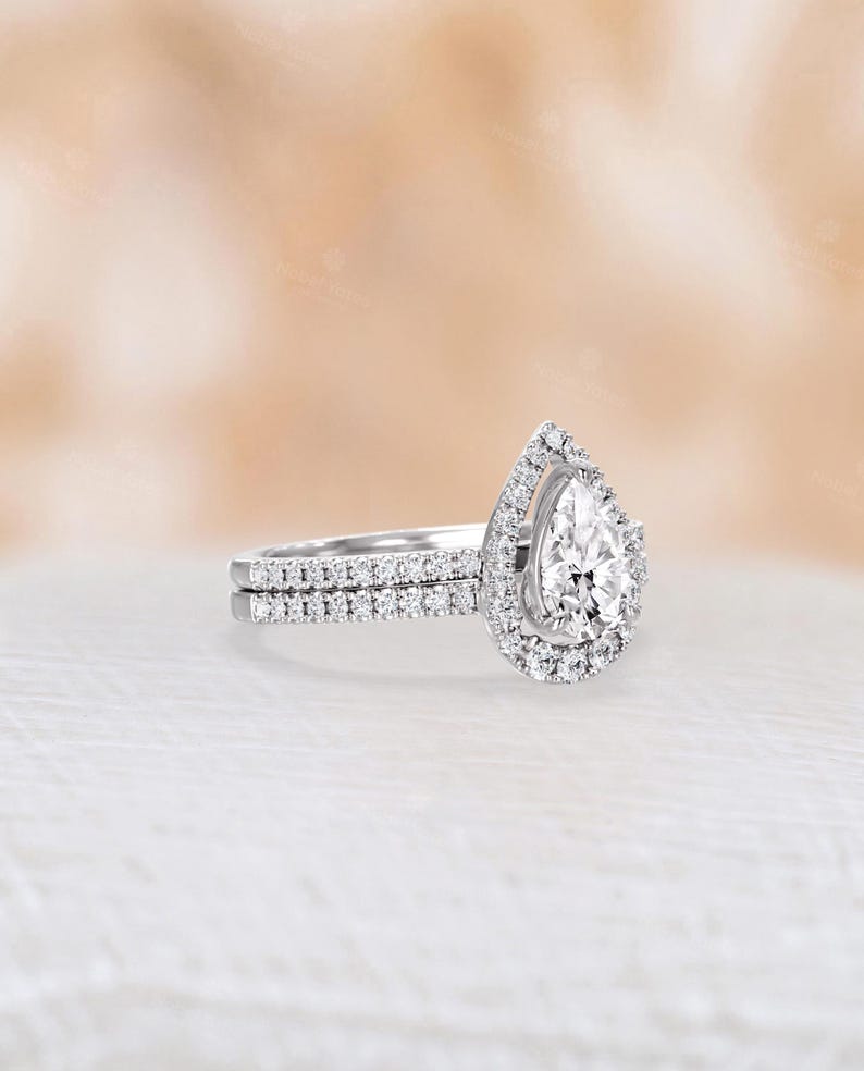 Classic Pear Cut Moissanite Engagement Ring Set, 14K White Gold Ring, Matching Open Wedding Band Set, Women's Bridal Ring Set -NyFineJewelry