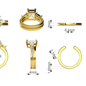 May include: A gold ring with a rectangular center stone and two side stones. The ring is shown from multiple angles, with measurements in inches and the size 5.25US.