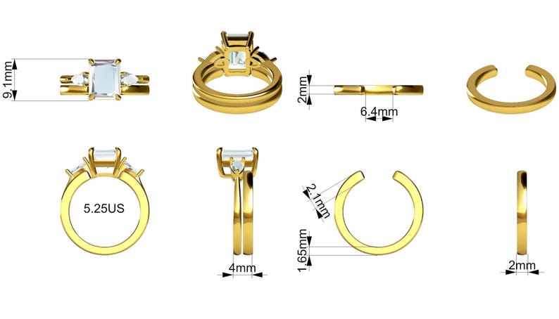 May include: A gold ring with a rectangular center stone and two side stones. The ring is shown from multiple angles, with measurements in inches and the size 5.25US.