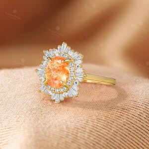 African Sunstone Engagement Ring, Double Halo CZ Ring, 18K Rose Gold Ring, Art Deco Tibetan Sunstone Ring, Custom Gemstone Rings for Women image 3