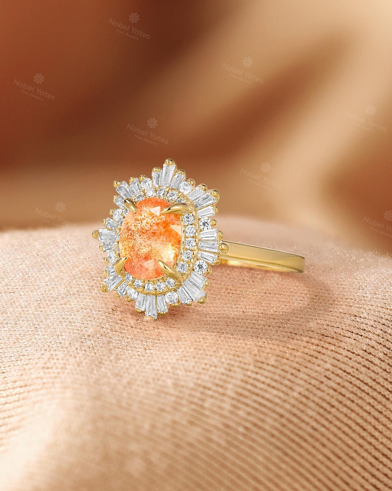 African Sunstone Engagement Ring, Double Halo CZ Ring, 18K Rose Gold Ring, Art Deco Tibetan Sunstone Ring, Custom Gemstone Rings for Women image 3