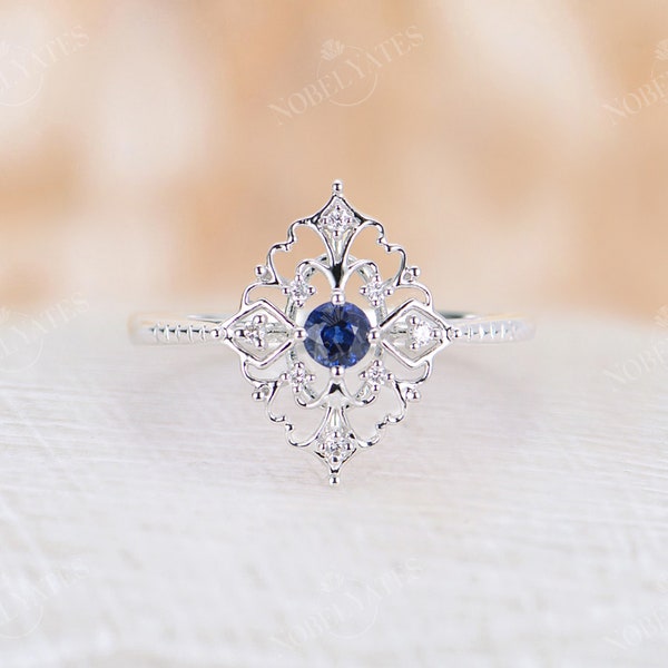 Natural sapphire engagement ring Vintage engagement ring 14k rose gold ring round cut Unique Diamond wedding ring Bridal Anniversary