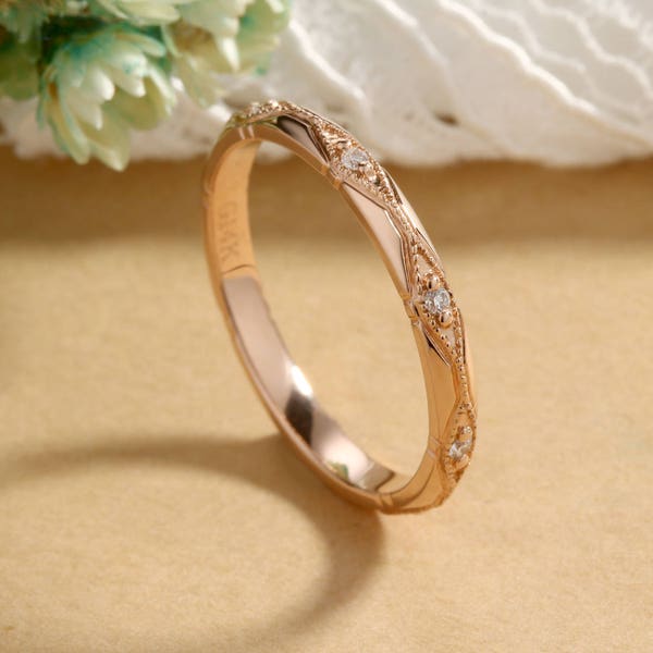 Art Deco wedding band rose gold vintage Milgrain Antique Dainty Diamond full eternity band stacking Bridal ring anniversary promise ring