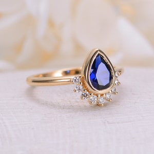 Birnenförmige Aquamarine Verlobungsring Gelbgold Einzigartige Diamant Hälfte Halo Hochzeit Vintage Lünette gesetzt Antiker Braut Jahrestag Ring Lab Sapphire