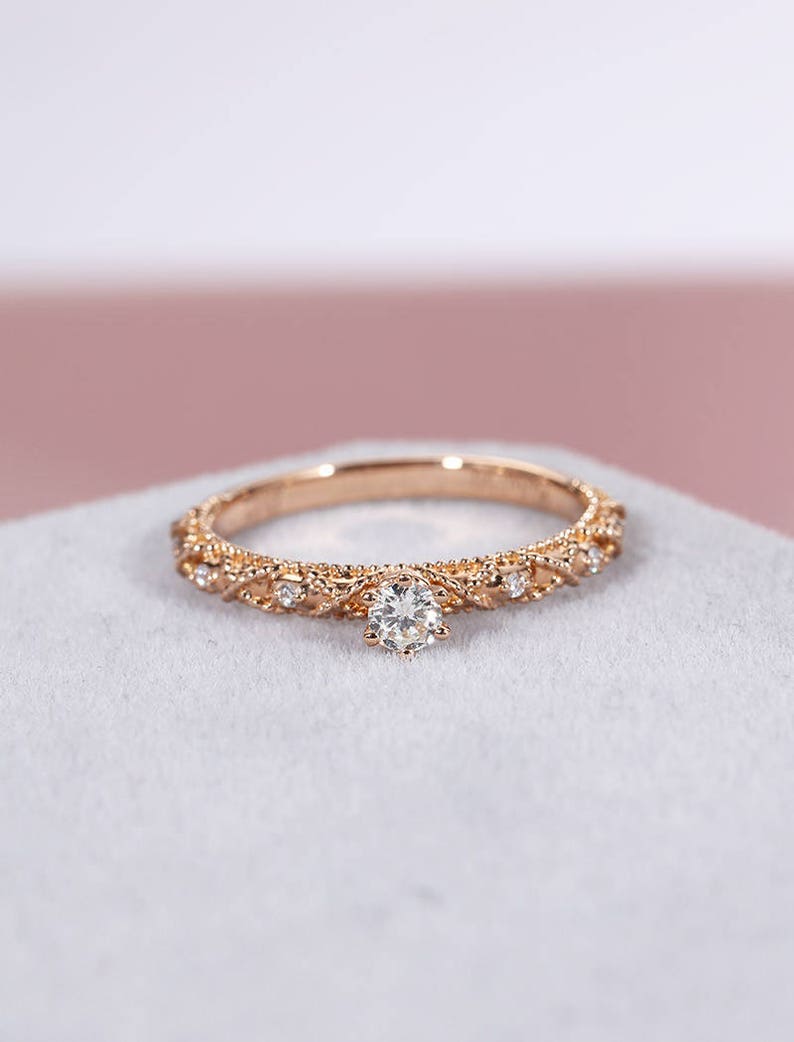 Vintage round shaped moissanite engagement ring Antique rose gold Milgrain ring Delicate Half eternity ring wedding promise Anniversary ring image 2