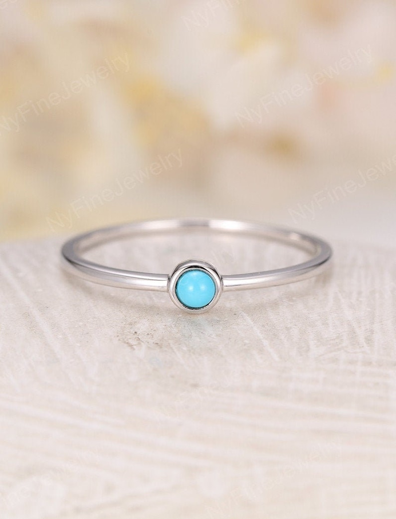 Turquoise engagement ring women white gold simple Solitaire Diamond ring Thin gold Band Ring Anniversary Birthstone Promise gift for her