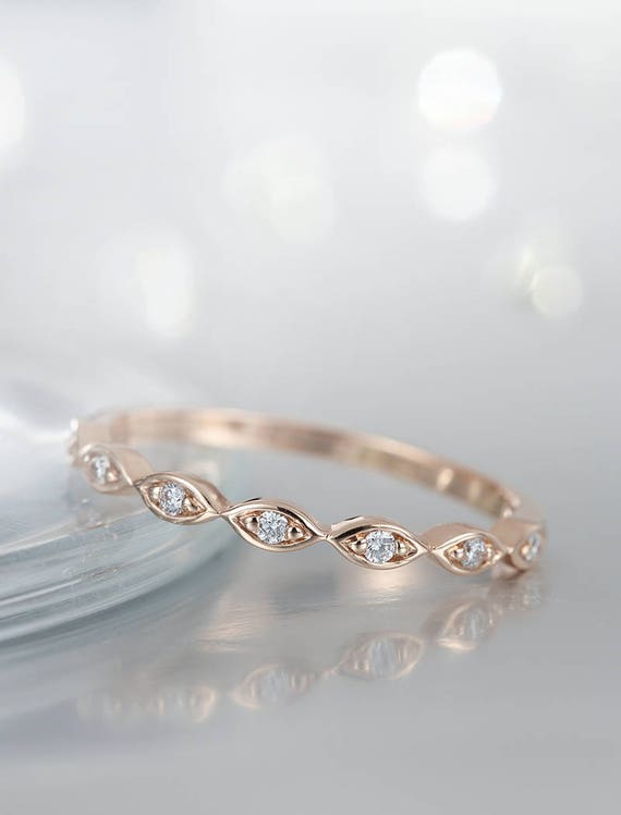Rose Gold Wedding Band Art Deco Diamond Marquise Vintage Etsy