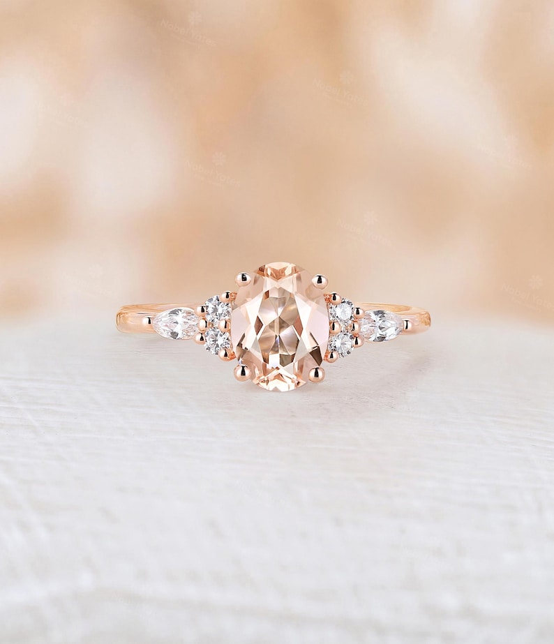 Pink morganite engagement ring oval cut ring cluster ring prong ring rose gold ring vintage ring art deco ring anniversary ring bridal ring image 1