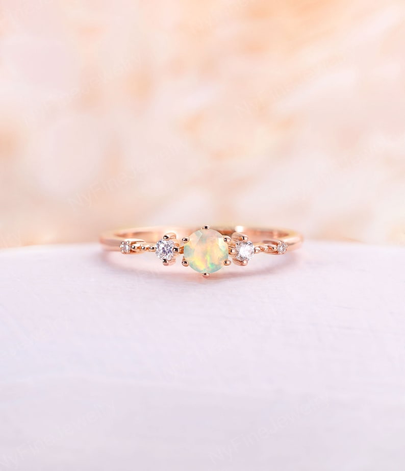 Faceted Opal Engagement Ring Rose Gold Vintage Art Deco Round - Etsy