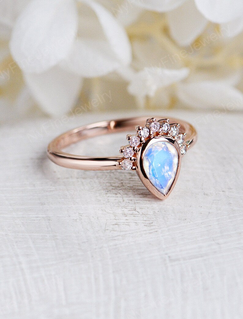 Birnenförmige Aquamarine Verlobungsring Gelbgold Einzigartige Diamant Hälfte Halo Hochzeit Vintage Lünette gesetzt Antiker Braut Jahrestag Ring Moonstone