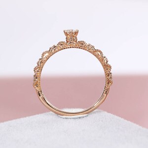 Vintage round shaped moissanite engagement ring Antique rose gold Milgrain ring Delicate Half eternity ring wedding promise Anniversary ring image 3