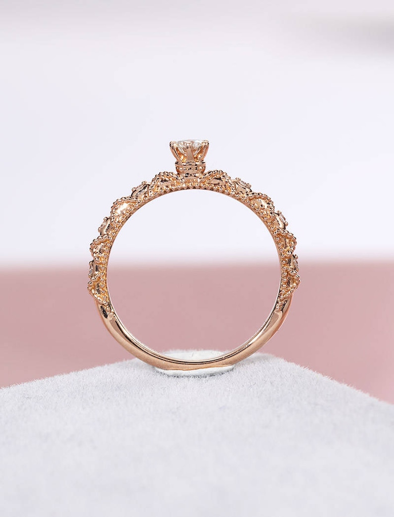 Vintage round shaped moissanite engagement ring Antique rose gold Milgrain ring Delicate Half eternity ring wedding promise Anniversary ring image 3