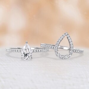 Classic Pear Cut Moissanite Engagement Ring Set, 14K White Gold Ring, Matching Open Wedding Band Set, Women's Bridal Ring Set -NyFineJewelry