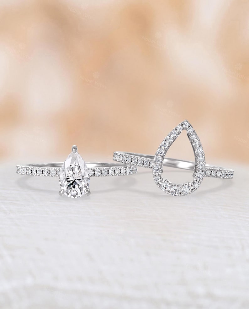 Classic Pear Cut Moissanite Engagement Ring Set, 14K White Gold Ring, Matching Open Wedding Band Set, Women's Bridal Ring Set -NyFineJewelry