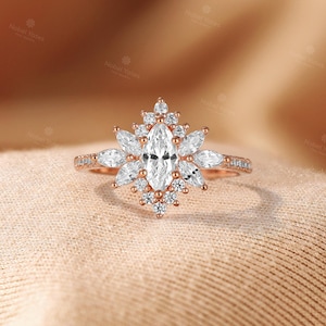 Vintage Marquise Lab-Grown Diamond Engagement Ring Set,Half Eternity Wedding Ring Set,2Pcs 18K Gold Ring,Halo Floral Design Ring Fiancé Ring image 7