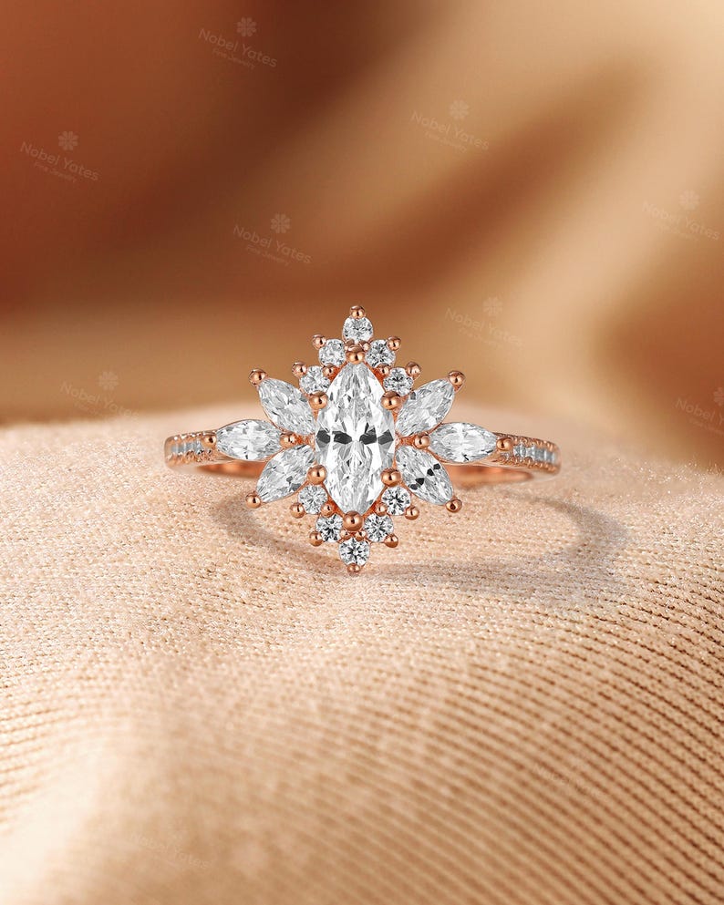 Vintage Marquise Lab-Grown Diamond Engagement Ring Set,Half Eternity Wedding Ring Set,2Pcs 18K Gold Ring,Halo Floral Design Ring Fiancé Ring image 7