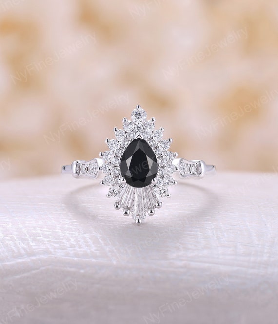 Pear Black Diamond Engagement Ring Vintage White Gold Ring | Etsy