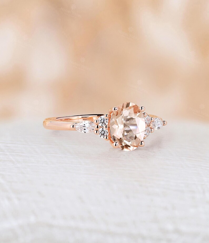 Pink morganite engagement ring oval cut ring cluster ring prong ring rose gold ring vintage ring art deco ring anniversary ring bridal ring image 3